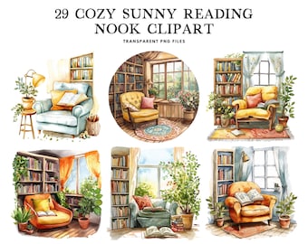 Paquete de imágenes prediseñadas de rincón de lectura acogedor y soleado en acuarela, PNG, imágenes prediseñadas, ilustración, diseño acogedor, rincón de habitación, rincón acogedor, interior, decoración del hogar