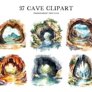 Imágenes prediseñadas de cueva en acuarela, paquete de imágenes prediseñadas de cueva, imágenes prediseñadas de caverna, ilustración de paisaje de cueva, diseño de cueva rocosa, cueva subterránea, cueva oscura