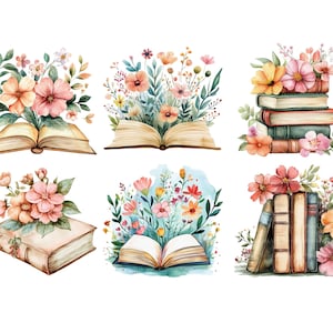 May include: Six watercolor illustrations featuring books and flowers. The illustrations are in a vintage style and feature a variety of flowers, including roses, daisies, and wildflowers. The books are all closed and have a worn, antique look.