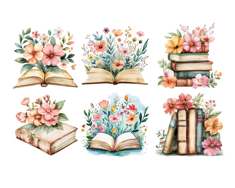 May include: Six watercolor illustrations featuring books and flowers. The illustrations are in a vintage style and feature a variety of flowers, including roses, daisies, and wildflowers. The books are all closed and have a worn, antique look.