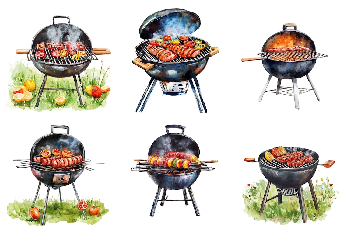 Watercolor Bbq Grill Clipart, Bbq Grill Png Bundle, Bbq Clip Art, Grill ...