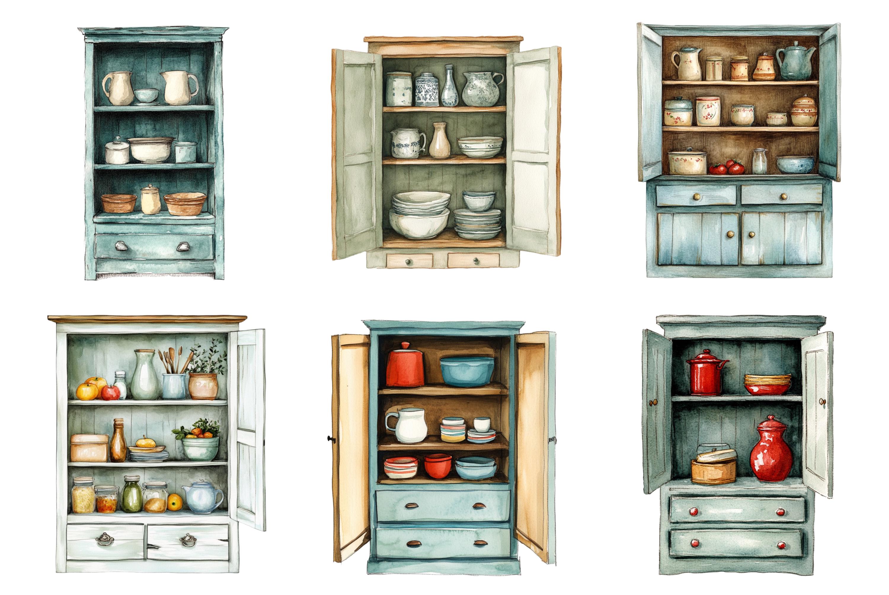 Watercolor Cupboard Clipart Bundle, Cupboard Png, Kitchen Clip Art ...