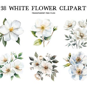 Watercolor White Flower Clipart Bundle, White Flower Png, Floral Clip Art, Flower Illustration, White Floral Design Instant Digital Download