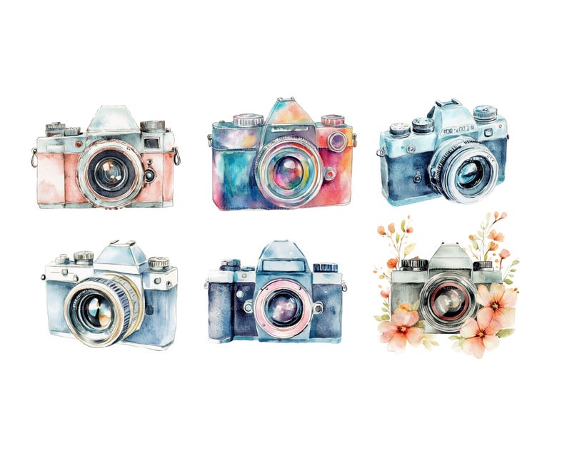 Watercolor Camera Clipart Bundle, Camera Png, Vintage Camera Clip Art, Retro Camera Illustration, Photography Design, Photographer image 3