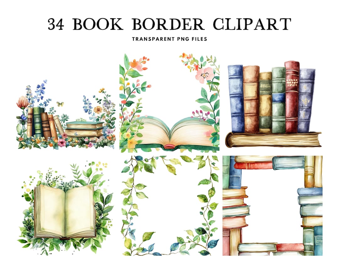 Watercolor Book Border Clipart, Png Bundle, Book Frame Clip Art, Book ...