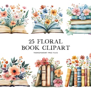 Clipart de libro floral de acuarela, libro de flores PNG, diseño de clip art de amante de los libros con flores silvestres, clipart de lectura, amante de los libros, descarga digital instantánea