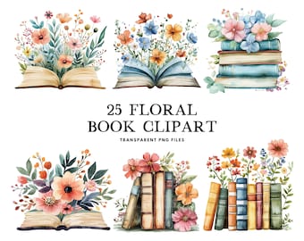 Watercolor Floral Book Clipart, Flower Book Png, Wildflower Book Lover Clip Art Design, Reading Clipart, Bookish, Instant Digital Download
