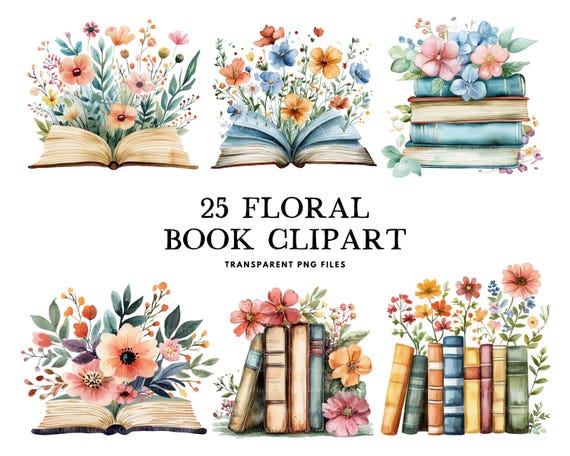 Watercolor Floral Book Clipart, Flower Book Png, Wildflower Book Lover Clip Art Design, Reading Clipart, Bookish, Instant Digital Download