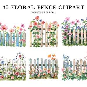 Może przedstawiać: Zestaw 40 clipartów z kwiatowymi płotami. Ilustracje przedstawiają drewniane płoty w odcieniach niebieskiego, białego i naturalnego drewna, ozdobione żywymi kwiatami i liśćmi. Idealne do projektów graficznych i rękodzieła.