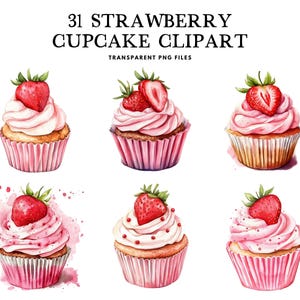 Watercolor Strawberry Cupcake Clipart, Png Bundle, Clip Art Illustration, Bakery Design, Cake, Sweet Commercial Use Instant Digital Download