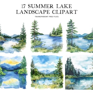 Watercolor Summer Lake Landscape Clipart, Png Bundle, Clip Art Illustration Design, Lakeside Scenery, Scene, Commercial Use Digital Download