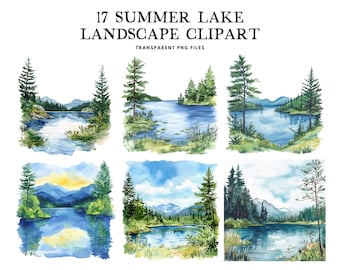 Imágenes prediseñadas de paisaje de lago de verano en acuarela, paquete PNG, diseño de ilustración de imágenes prediseñadas, paisaje junto al lago, escena, descarga digital para uso comercial