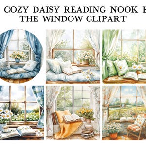 May include: Watercolor illustrations of cozy reading nooks by windows, featuring daisies, books, pillows, and curtains. The images have a soft, inviting aesthetic, with a focus on natural light and floral arrangements. Text at the top reads "30 COZY DAISY READING NOOK BY THE WINDOW CLIPART."