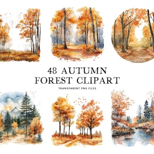 Watercolor Autumn Forest Clipart Bundle, Autumn Forest Png, Autumn Clip Art, Fall Illustration, Fall Landscape Design, Nature, Forest Scene