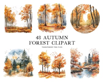 May include: Watercolor clipart set featuring six autumn forest scenes. The images showcase trees with orange and yellow leaves, a forest path, and a mountain landscape. The text reads "48 Autumn Forest Clipart".