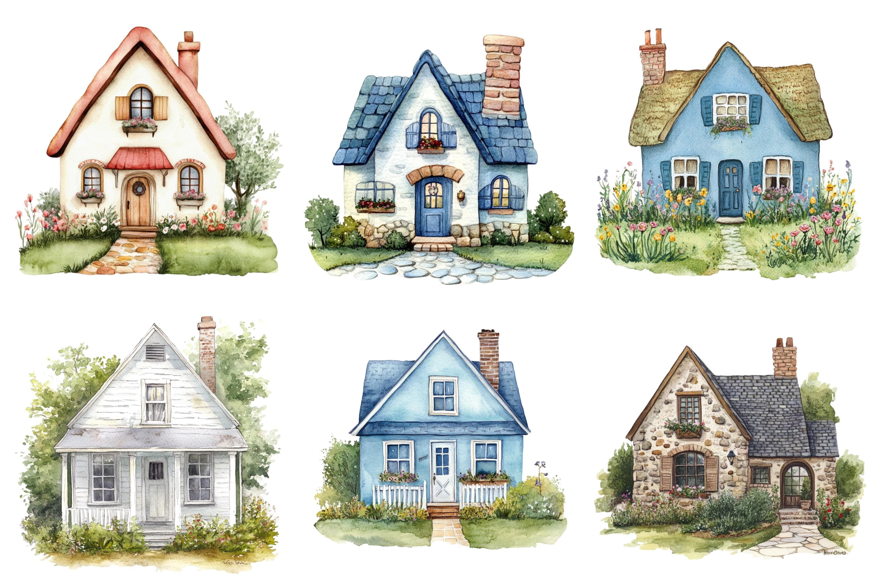 Watercolor Cottage House Clipart Bundle, Cottage House Png, House Clip ...