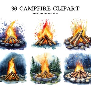 May include: 36 watercolor illustrations of campfires with various backgrounds, including a starry night, a forest, and a simple background. The campfires are all drawn in a realistic style with flames, logs, and rocks.