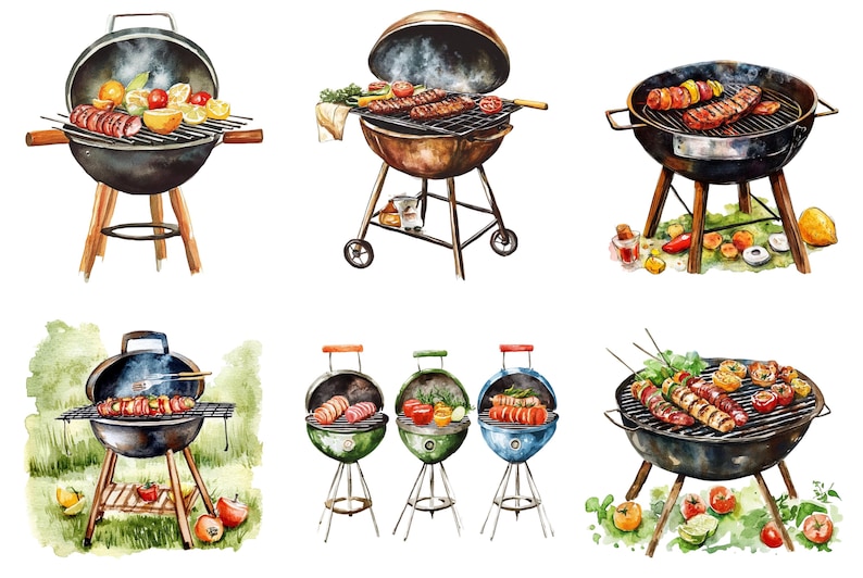 Watercolor Bbq Grill Clipart, Bbq Grill Png Bundle, Bbq Clip Art, Grill ...