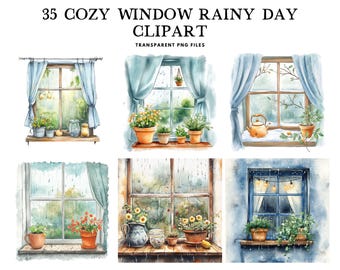 Op de afbeelding: Waterverfillustraties van gezellige raamscènes op een regenachtige dag. Elke afbeelding toont een raam met blauwe gordijnen, potplanten en uitzicht op de regen. De tekst bovenaan luidt "35 COZY WINDOW RAINY DAY CLIPART".