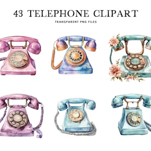 Watercolor Telephone Clipart, Png Bundle, Vintage Clip Art, Antique Illustration, Phone Design, Rotary Dial, Nostalgic, Digital Download