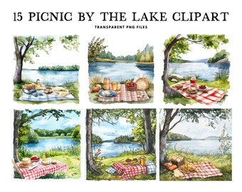 Watercolor Picnic By The Lake Clipart, Png Bundle, Clip Art, Illustration Design, Landscape, Lakeside, Free Commercial Use, Digital Download