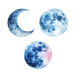 May include: Three watercolor illustrations of the moon in different phases. The first is a crescent moon, the second is a full moon, and the third is a gibbous moon.
