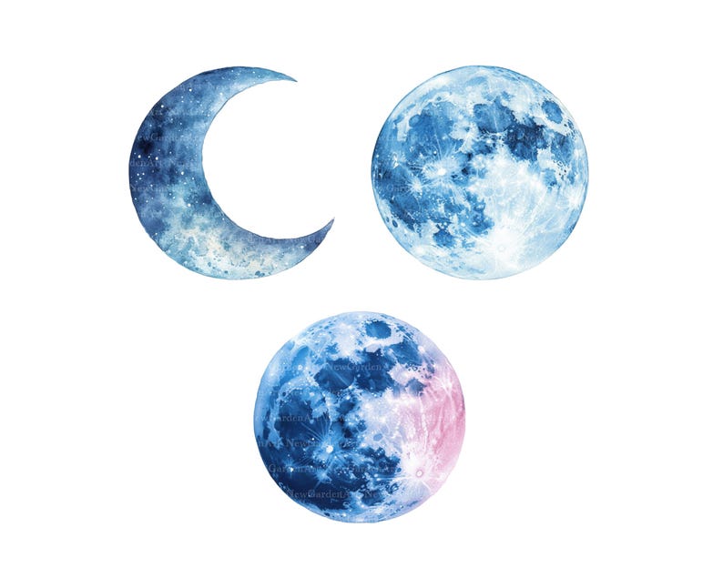 May include: Three watercolor illustrations of the moon in different phases. The first is a crescent moon, the second is a full moon, and the third is a gibbous moon.