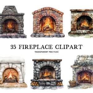 Watercolor Fireplace Clipart Bundle, Fireplace Png, Vintage Fireplace Clip Art, Cozy Decor Illustration, Winter Design, Digital Download