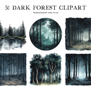 May include: 51 Dark Forest Clipart - A set of digital illustrations featuring watercolour paintings of dark forest scenes. The images include a variety of trees, foliage, and a misty atmosphere. The images are perfect for creating digital art, scrapbooking, or other creative projects.