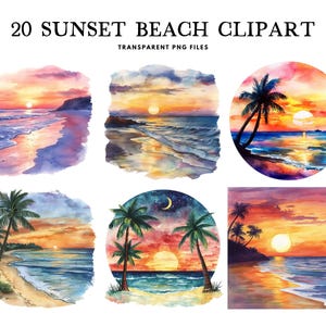 Watercolor Sunset Beach Clipart, Png Bundle, Clip Art, Illustration, Landscape Design, Coastal, Sea, Ocean, Seaside, Beachside