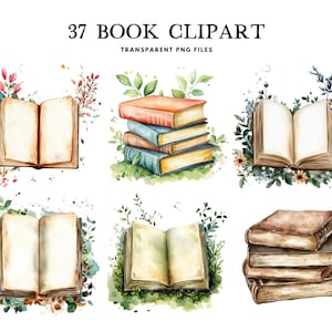 Clipart de libro de acuarela, paquete de libros PNG, clip art de biblioteca, ilustración de lectura, diseño de lector, amante de los libros, descarga digital para uso comercial