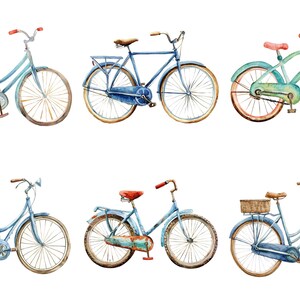 May include: Watercolor illustration of six vintage bicycles in various shades of blue, green, and red. Each bike has a unique design, with details like baskets, luggage racks, and different seat styles. The bikes are set against a white background.