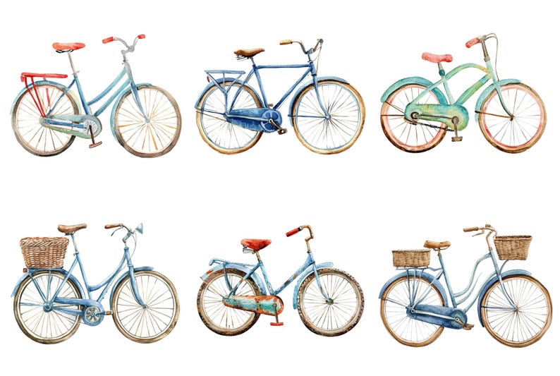 May include: Watercolor illustration of six vintage bicycles in various shades of blue, green, and red. Each bike has a unique design, with details like baskets, luggage racks, and different seat styles. The bikes are set against a white background.
