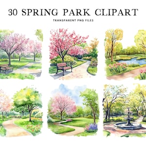 Watercolor Spring Park Clipart, Png Bundle, Clip Art, Illustration, Landscape Design, View, Scene, Commercial Use, Instant Digital Download