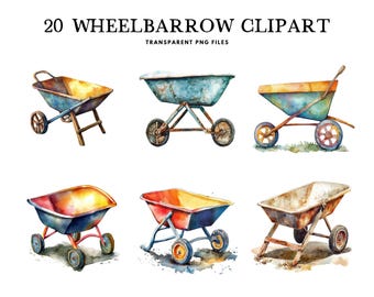 Watercolor Wheelbarrow Clipart, Png Bundle, Gardening Clip Art, Garden Illustration, Farm Design, Farmhouse, Commercial Use Digital Download