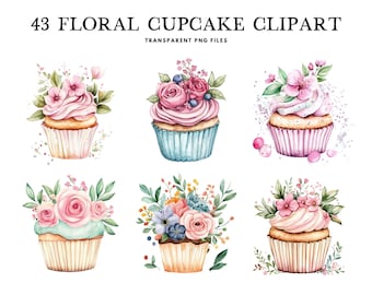 May include: Watercolor clipart featuring six cupcakes with floral decorations. Each cupcake has a different frosting color, including pink, blue, and white, and is topped with various flowers and greenery. The text "43 Floral Cupcake Clipart" is at the top.