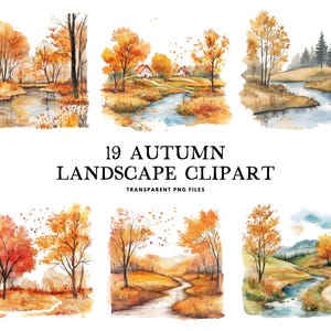 Watercolor Autumn Landscape Clipart Bundle, Autumn Landscape Png, Autumn Clip Art, Fall Illustration Design, Forest, Autumn Scenery, Scene