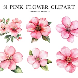 Watercolor Pink Flower Clipart Bundle, Pink Flower Png, Floral Clip Art, Flower Illustration, Pink Floral Design, Instant Digital Download