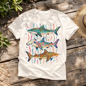 Op de afbeelding: Een wit t-shirt met korte mouwen en een kleurrijke grafische print van drie verticaal gestapelde haaien. De haaien zijn versierd met ingewikkelde patronen, stippen en sterren in blauwe, roze, oranje en gele tinten, tegen een achtergrond van golvende lijnen.