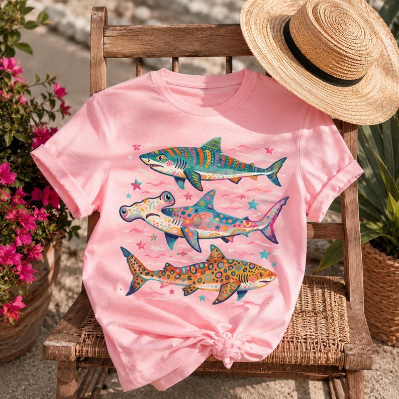 Op de afbeelding: Een lichtroze t-shirt met een grafische print van drie haaien in levendige, veelkleurige patronen. De haaien zijn verticaal gerangschikt, met een hamerhaai in het midden, omringd door kleine kleurrijke sterren op een lichtroze achtergrond.