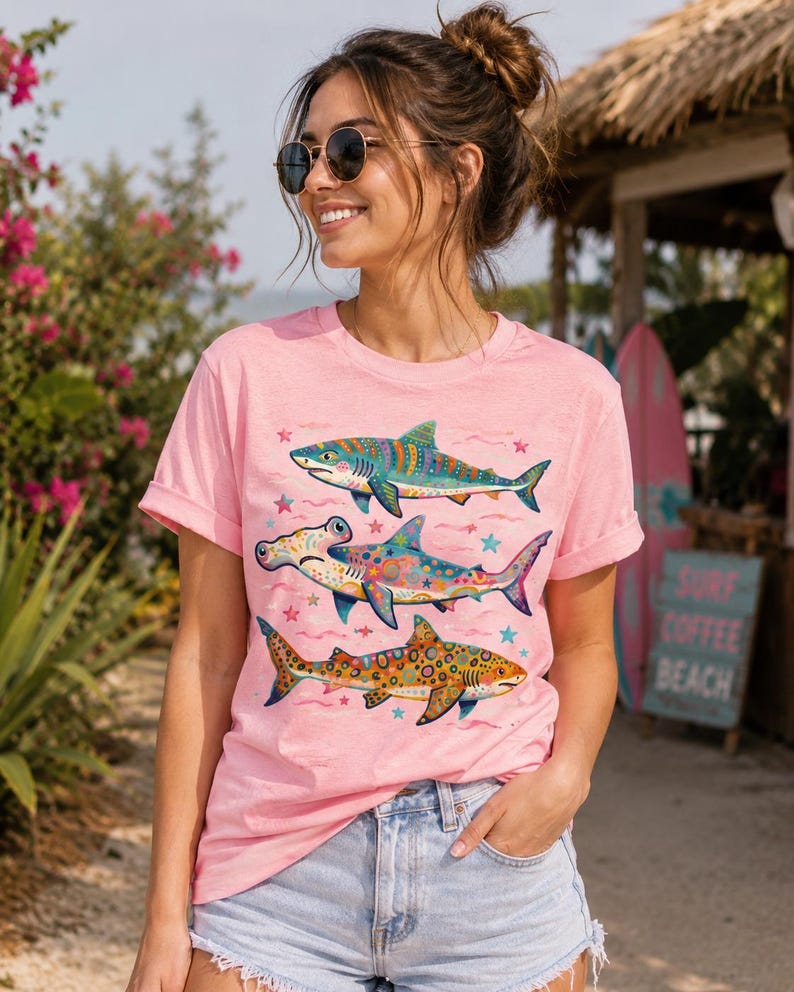 Op de afbeelding: Een lichtroze T-shirt met korte mouwen en een grafische print van drie verticaal geplaatste haaien. De haaien zijn versierd met kleurrijke, ingewikkelde patronen, waaronder stippen, krullen en sterren in blauwe, oranje en paarse tinten.
