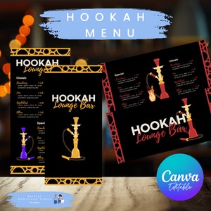 Cartão de menu do bar Hookah, modelo editável de lista de preços em Canva para sua oferta de shisha e bebidas com muitas variações