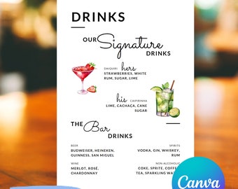 Signature Drinks Sign Template, Signature Cocktail Sign, Wedding Bar Menu Sign, His and Hers Bar Sign, Editable Canva Template