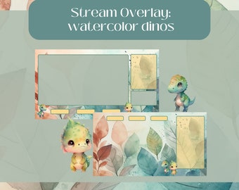 Watercolor Dinosaur Twitch/ Stream Overlay and Scenes - Stream Starting, Be Right Back, Stream Ending, Just Chatting, Gameplay