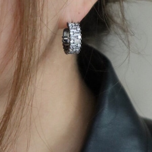 Sterling silver Black bold cubic hoop earring, Sterling silver earring, Baguette cz hoop, Sterling silver earring, Maximal earring