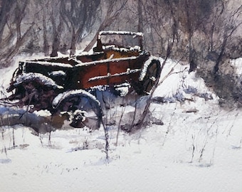 Red Wagon Original Winter Watercolor Painting of farm wagon or old horse drawn hay wagon farm painting rustic farm machinery country scene