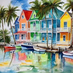 Colors of Key West Fine Art Giclée Print of my Original Watercolor Painting, Vibrant tropical houses, palm trees, coastal decor, beach house