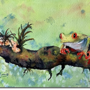 Tree Frog Original Watercolor Painting wildlife art red-eyed frog art on a limb green frog watercolor red eyed frog animal art friendly frog