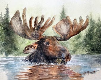 Original Watercolor Moose Painting, 8x10 Wildlife Art, Rustic Cabin Decor | Title: Quiet Giant