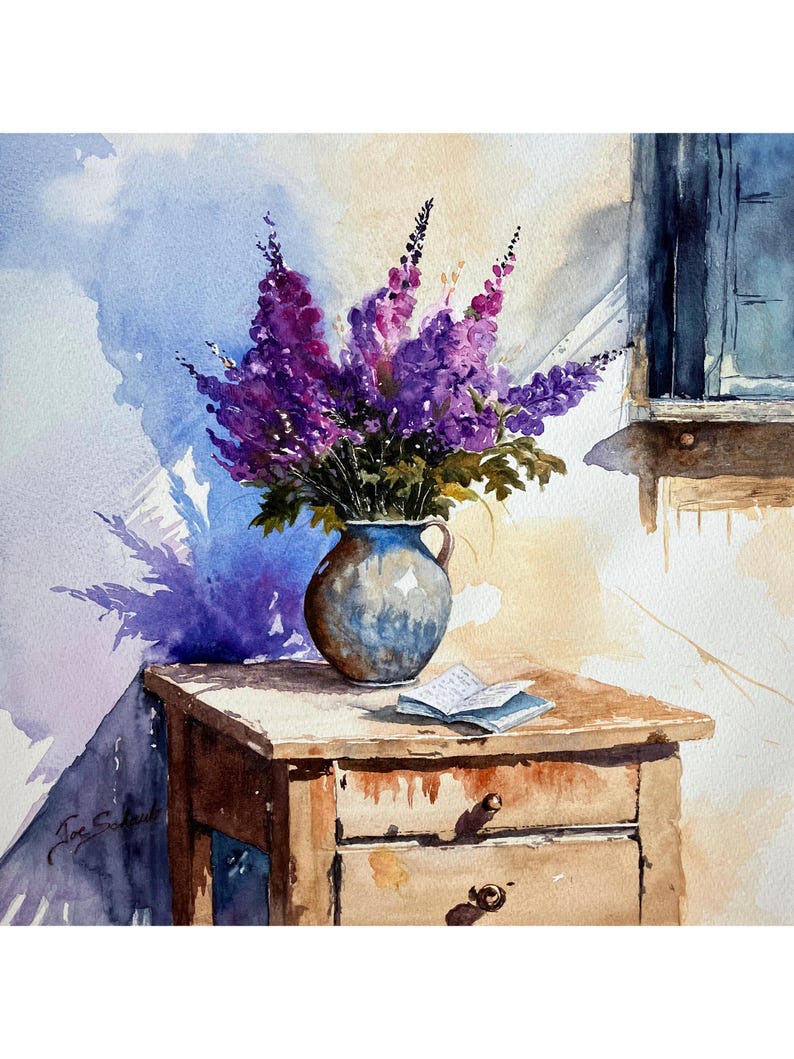 May include: Watercolor painting of a rustic wooden nightstand with two drawers. A blue and brown vase holds a bouquet of purple flowers. A small open book rests on the table. The painting has a soft, watercolor style with a shadow on the wall.